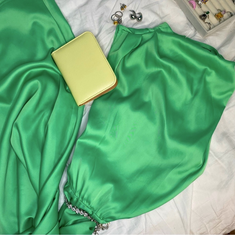 New Retro Green Medium High Neck Sleeveless Satin Long Formal Event Summer Dress